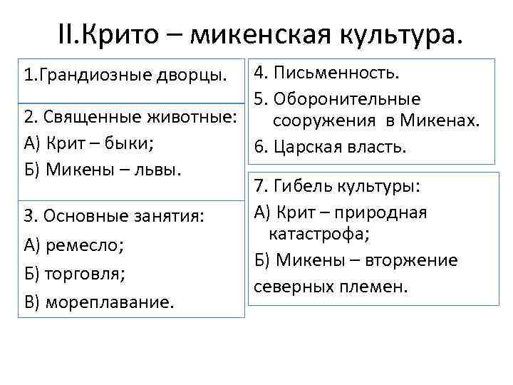 II. Крито – микенская культура. 4. Письменность. 5. Оборонительные 2. Священные животные: сооружения в