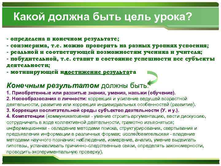 Какой должна быть цель урока? - определена в конечном результате; - соизмерима, т. е.
