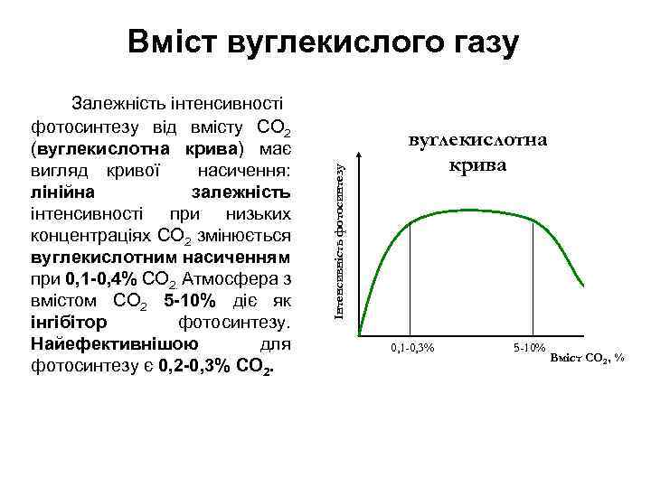 Залежність інтенсивності фотосинтезу від вмісту СО 2 (вуглекислотна крива) має вигляд кривої насичення: лінійна