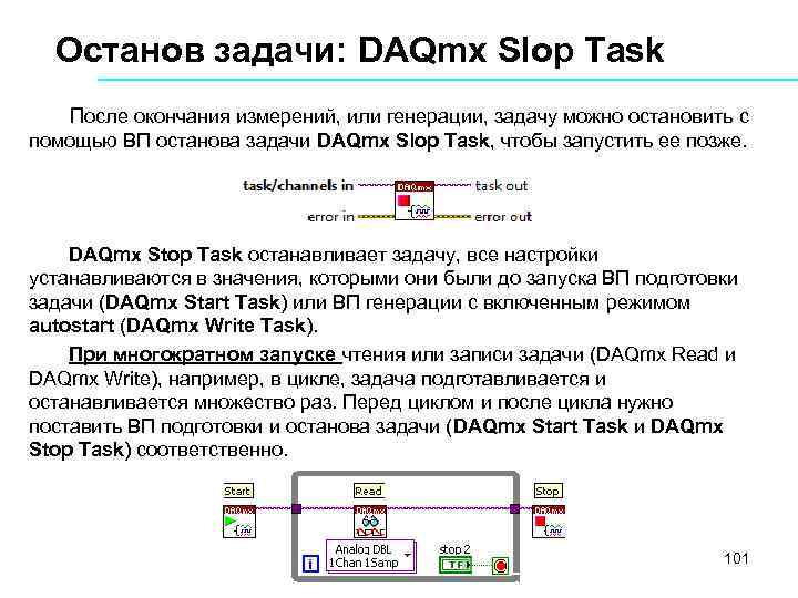 Останов задачи: DAQmx Slop Task После окончания измерений, или генерации, задачу можно остановить с