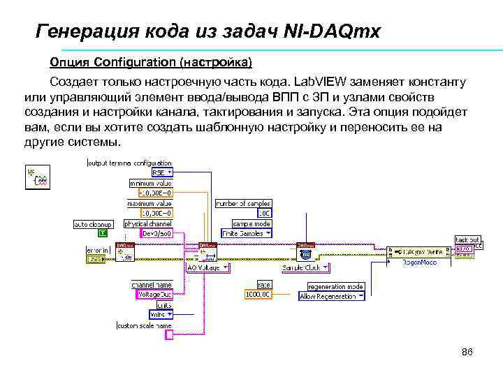 Генерация кода из задач NI-DAQmx Опция Configuration (настройка) Создает только настроечную часть кода. Lab.