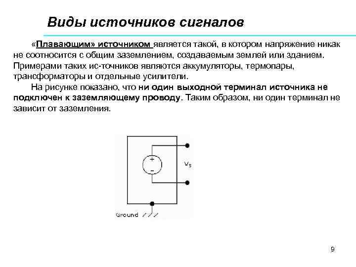 Виды источников сигналов «Плавающим» источником является такой, в котором напряжение никак не соотносится с