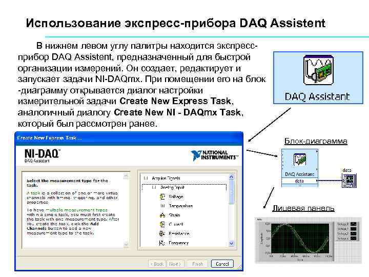 Использование экспресс-прибора DAQ Assistent В нижнем левом углу палитры находится экспресс прибор DAQ Assistent,