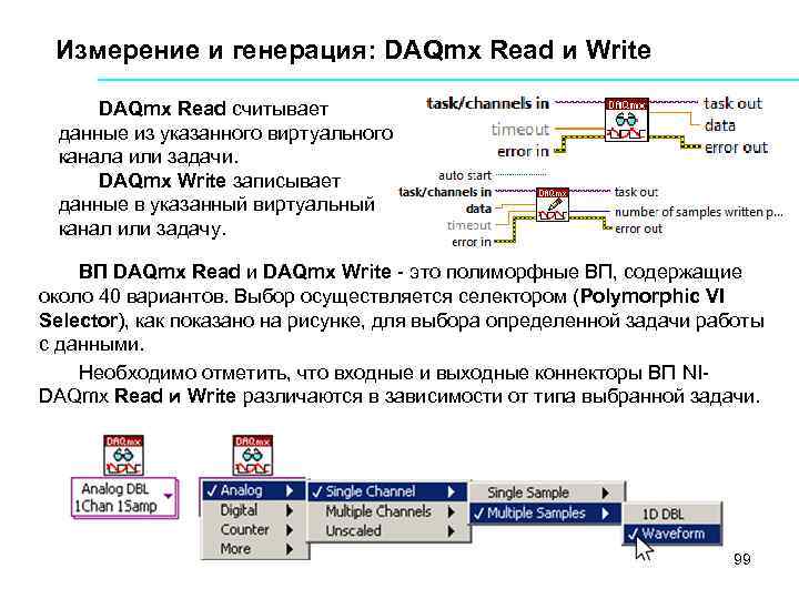 Измерение и генерация: DAQmx Read и Write DAQmx Read считывает данные из указанного виртуального