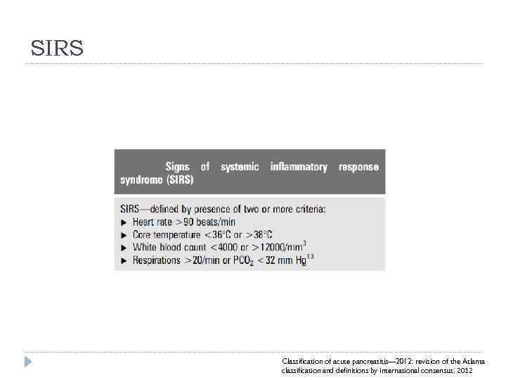 SIRS Classification of acute pancreatitis— 2012: revision of the Atlanta classification and definitions by