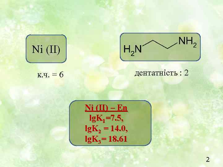 Ni (II) дентатність : 2 к. ч. = 6 Ni (II) – En lg.