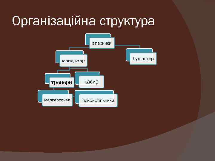 Організаційна структура власники менеджер тренери медперсонал касир прибиральники бухгалтер 