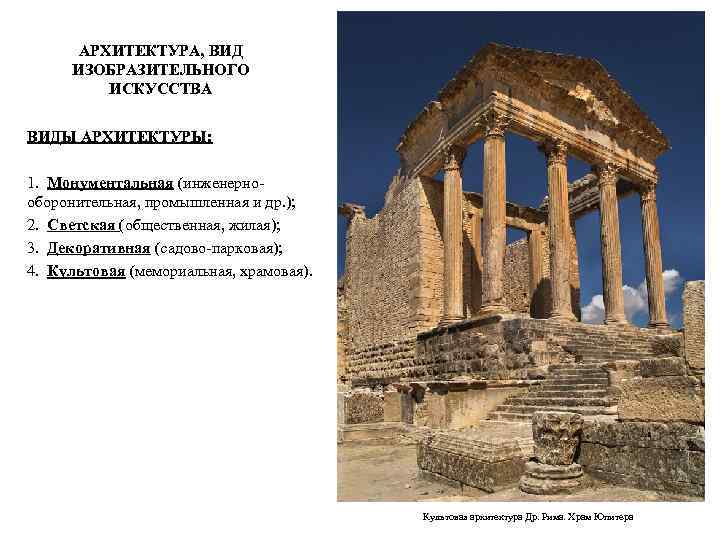 АРХИТЕКТУРА, ВИД ИЗОБРАЗИТЕЛЬНОГО ИСКУССТВА ВИДЫ АРХИТЕКТУРЫ: 1. Монументальная (инженернооборонительная, промышленная и др. ); 2.