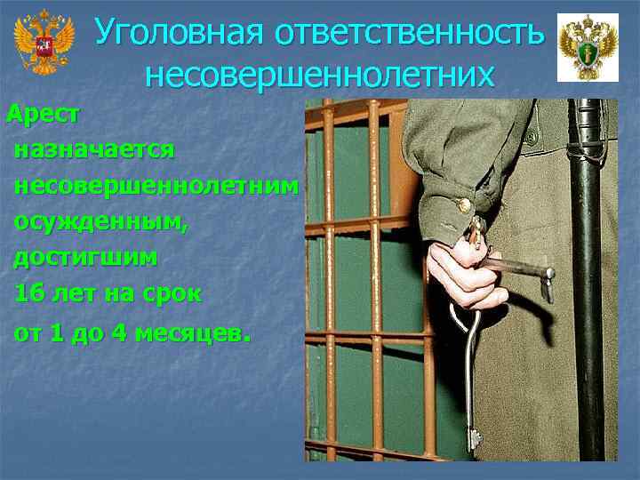 Уголовная ответственность несовершеннолетних Арест назначается несовершеннолетним осужденным, достигшим 16 лет на срок от 1