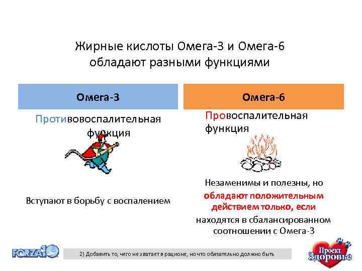 Жирные кислоты Омега-3 и Омега-6 обладают разными функциями Омега-3 Противовоспалительная функция Вступают в борьбу
