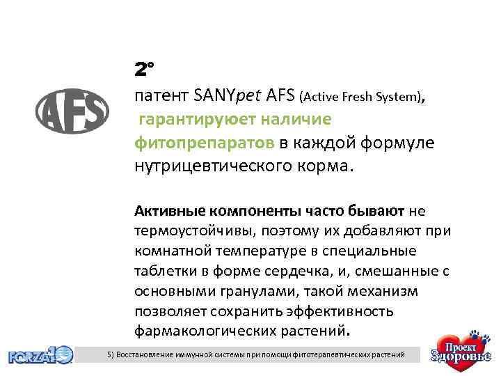 2° патент SANYpet AFS (Active Fresh System), гарантируюет наличие фитопрепаратов в каждой формуле нутрицевтического