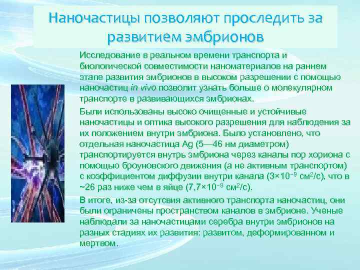Наночастицы позволяют проследить за развитием эмбрионов Исследование в реальном времени транспорта и биологической совместимости
