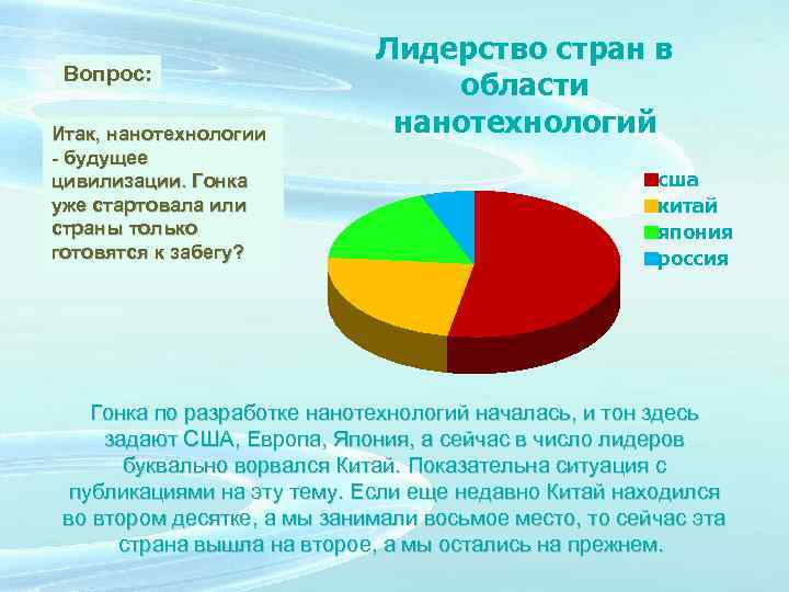 Вопрос: Итак, нанотехнологии - будущее цивилизации. Гонка уже стартовала или страны только готовятся к