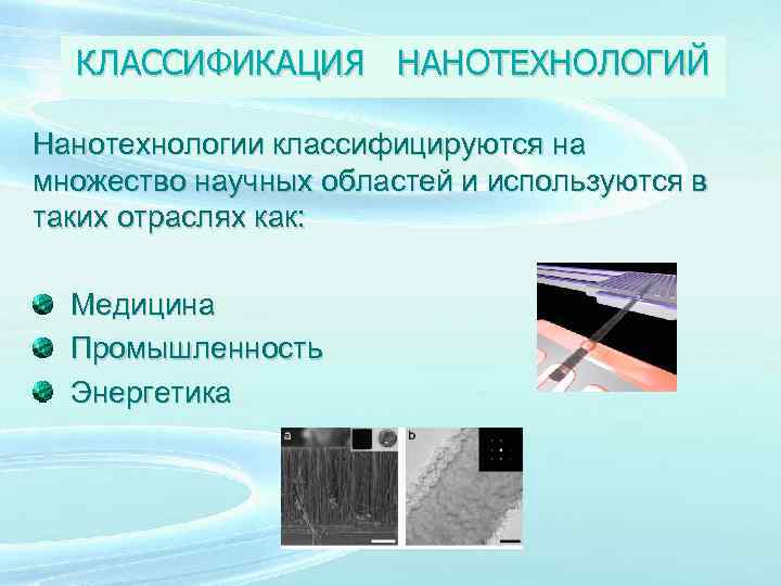 КЛАССИФИКАЦИЯ НАНОТЕХНОЛОГИЙ Нанотехнологии классифицируются на множество научных областей и используются в таких отраслях как: