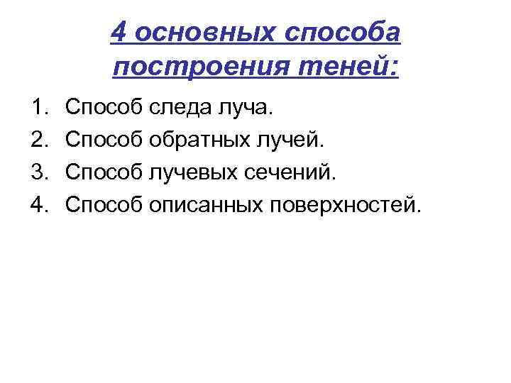 4 основных способа построения теней: 1. 2. 3. 4. Способ следа луча. Способ обратных