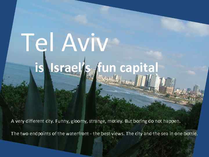 Tel Avi v Tel Aviv is Israel’s fun capital A very different city. Funny,