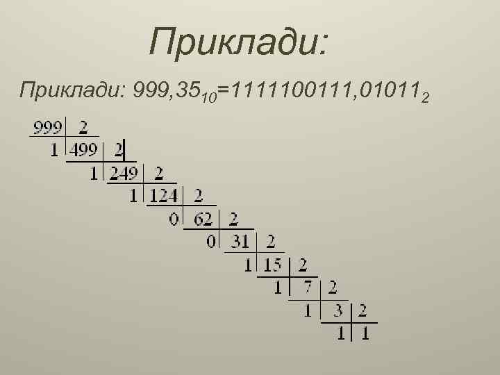 Приклади: 999, 3510=1111100111, 010112 