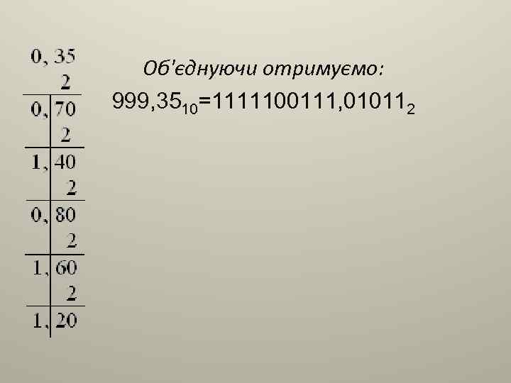 Об'єднуючи отримуємо: 999, 3510=1111100111, 010112 