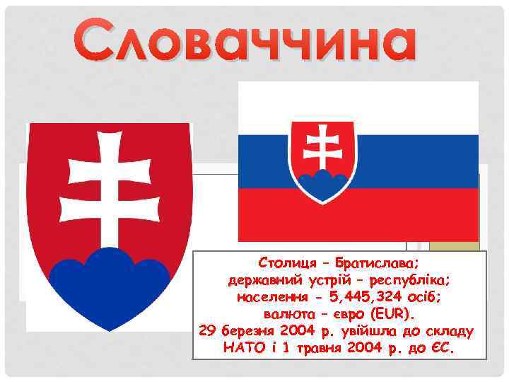 Словаччина Столиця – Братислава; державний устрій – республіка; населення - 5, 445, 324 осіб;