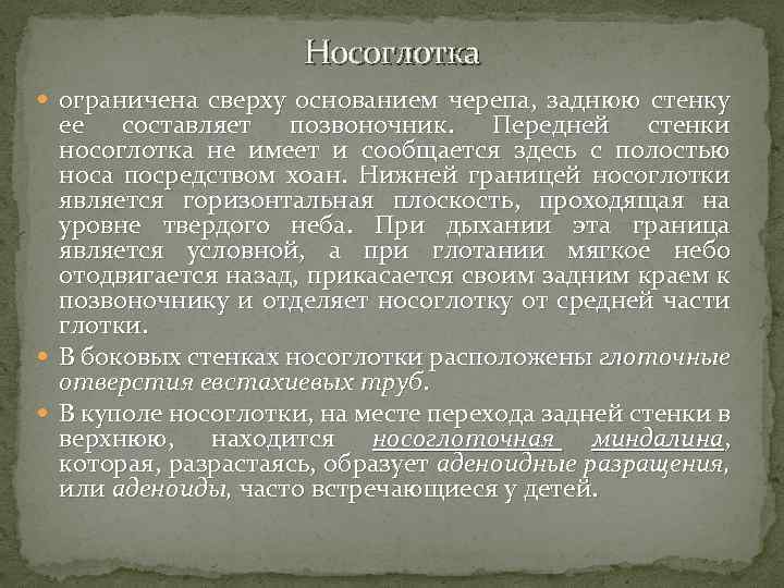 Носоглотка ограничена сверху основанием черепа, заднюю стенку ее составляет позвоночник. Передней стенки носоглотка не