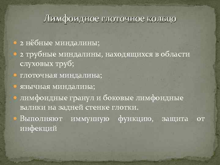 Лимфоидное глоточное кольцо 2 нёбные миндалины; 2 трубные миндалины, находящихся в области слуховых труб;