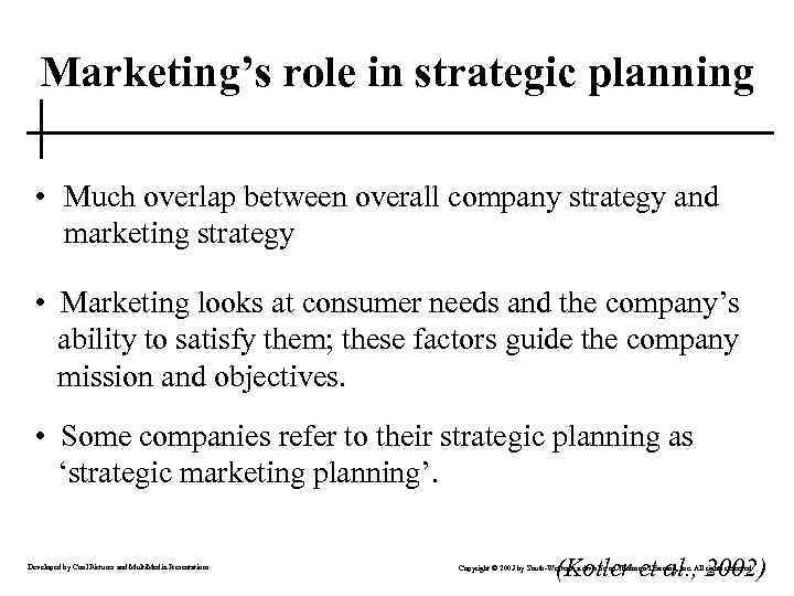 Marketing’s role in strategic planning • Much overlap between overall company strategy and marketing