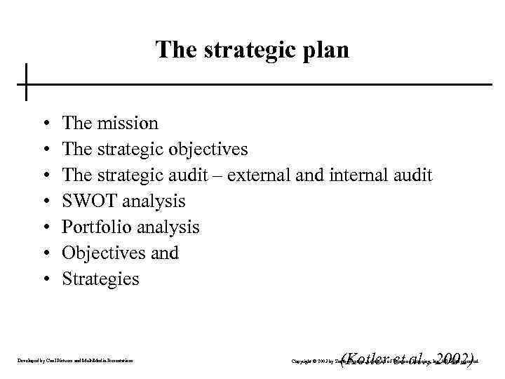 The strategic plan • • The mission The strategic objectives The strategic audit –