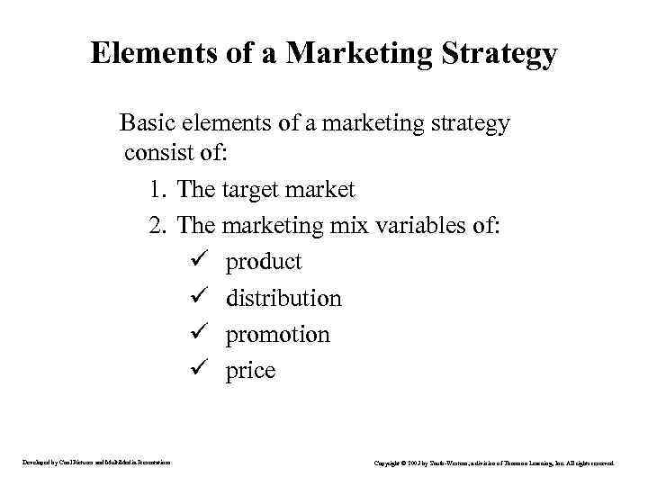 Elements of a Marketing Strategy Basic elements of a marketing strategy consist of: 1.