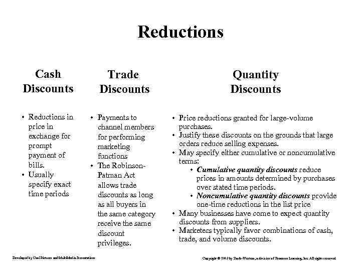 Reductions Cash Discounts Trade Discounts Quantity Discounts • Reductions in price in exchange for