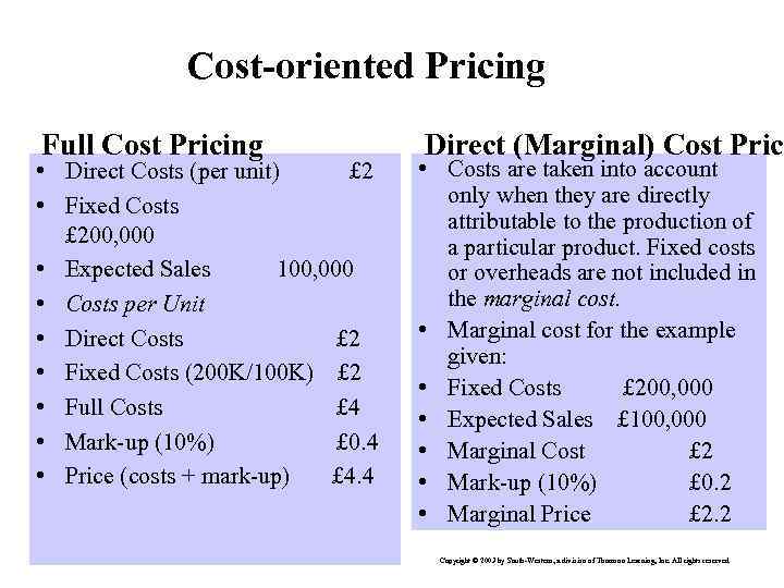 Cost-oriented Pricing Full Cost Pricing • Direct Costs (per unit) £ 2 • Fixed