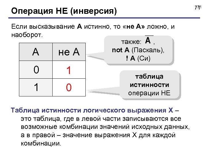 71 71 Операция НЕ (инверсия) Если высказывание A истинно, то «не А» ложно, и