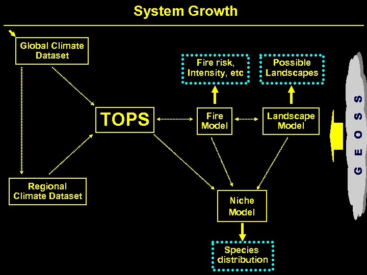 System Growth Fire risk, Intensity, etc TOPS Regional Climate Dataset Possible Landscapes Fire Model