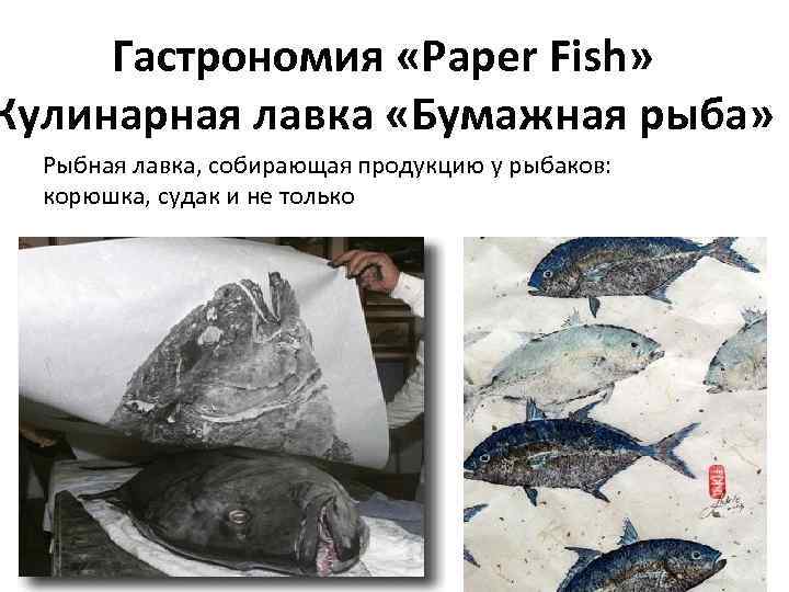 Гастрономия «Paper Fish» Кулинарная лавка «Бумажная рыба» Рыбная лавка, собирающая продукцию у рыбаков: корюшка,