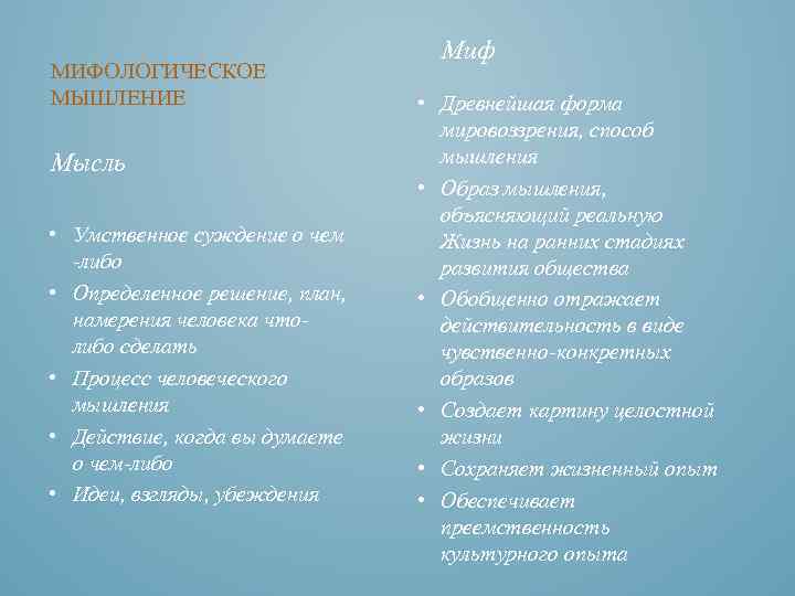 МИФОЛОГИЧЕСКОЕ МЫШЛЕНИЕ Мысль • Умственное суждение о чем -либо • Определенное решение, план, намерения
