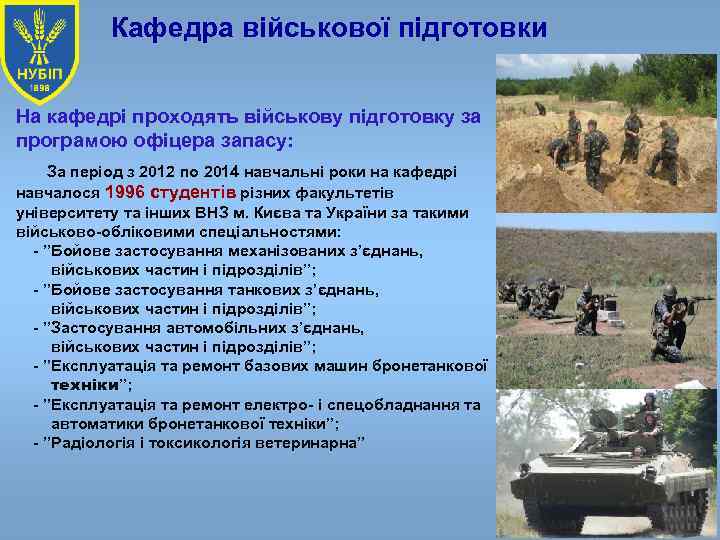 Кафедра військової підготовки На кафедрі проходять військову підготовку за програмою офіцера запасу: За період