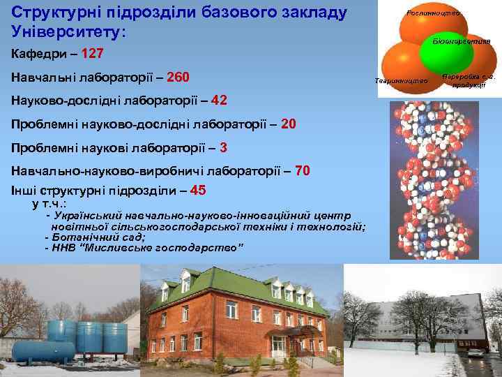 Cтруктурні підрозділи базового закладу Університету: Рослинництво Біоенергетика Кафедри – 127 Навчальні лабораторії – 260