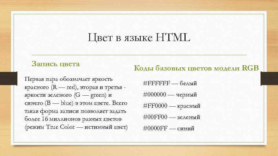 Цвет в языке HTML Запись цвета Первая пара обозначает яркость красного (R — red),