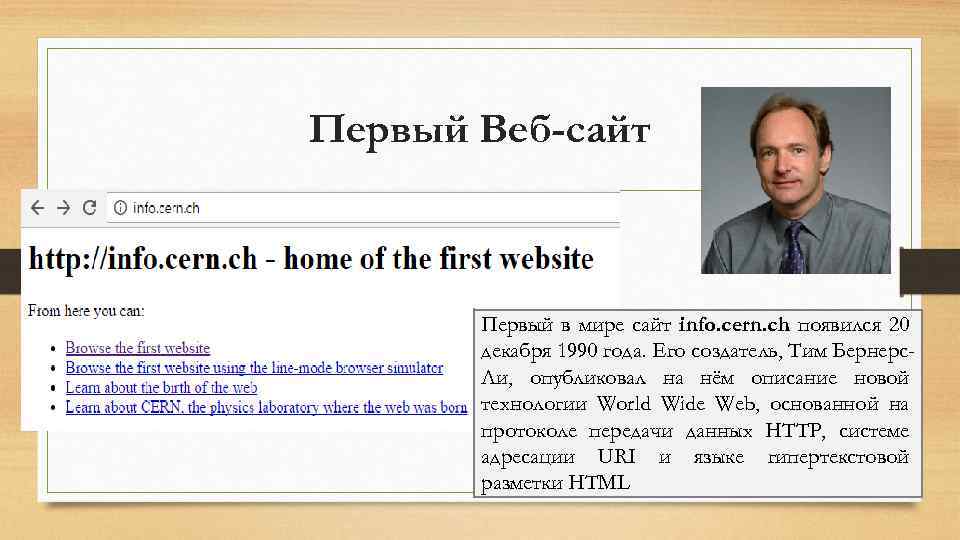 Первый Веб-сайт Первый в мире сайт info. cern. ch появился 20 декабря 1990 года.