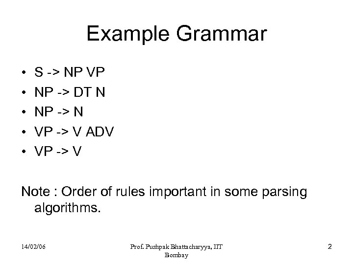 Example Grammar • • • S -> NP VP NP -> DT N NP