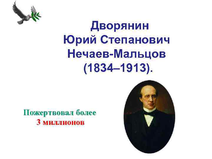  Дворянин Юрий Степанович Нечаев-Мальцов (1834– 1913). Пожертвовал более 3 миллионов 