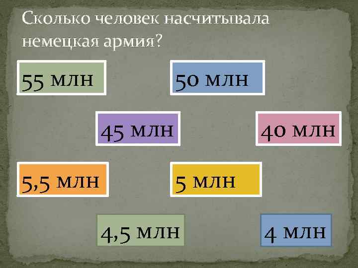 Сколько человек насчитывала немецкая армия? 50 млн 55 млн 45 млн 5, 5 млн