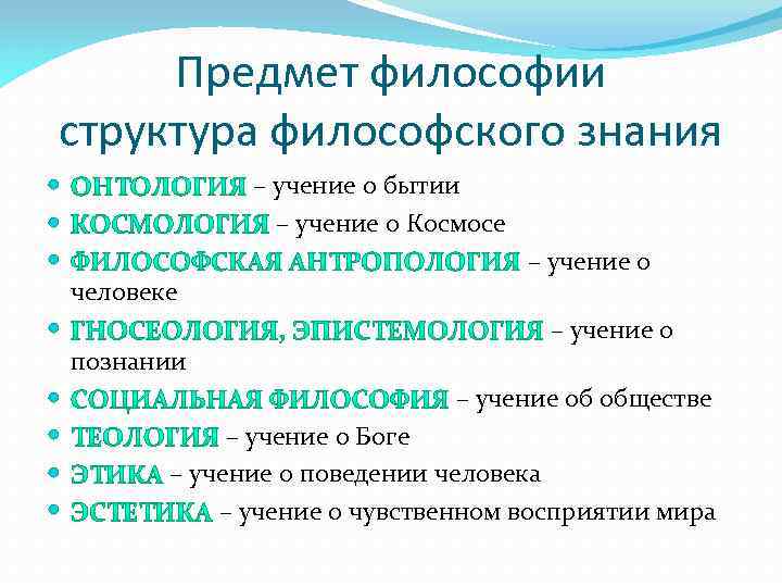 Предмет философии структура философского знания – учение о бытии – учение о Космосе человеке