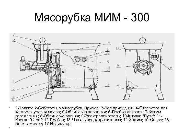 Мясорубка МИМ - 300 • 1 -Толкач; 2 -Собственно мясорубка. Привод: 3 -Вал приводной;