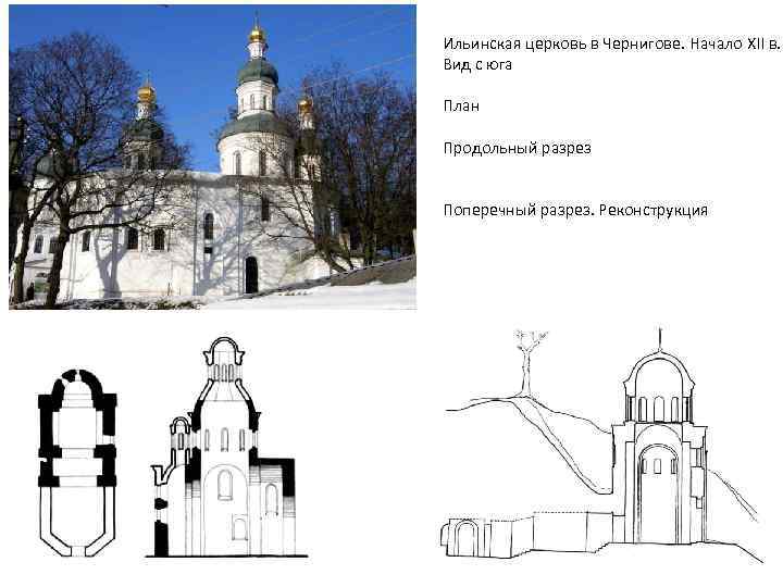 Ильинская церковь в Чернигове. Начало XII в. Вид с юга План Продольный разрез Поперечный