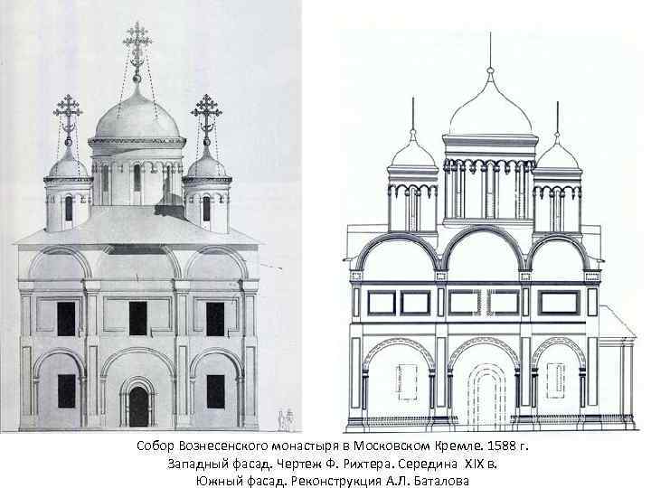 Собор Вознесенского монастыря в Московском Кремле. 1588 г. Западный фасад. Чертеж Ф. Рихтера. Середина