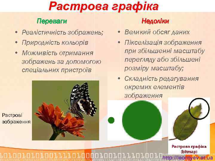 Растрова графіка Переваги • Реалістичність зображень; • Природність кольорів • Можливість отримання зображень за