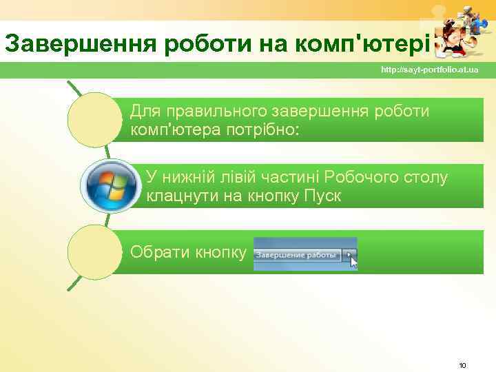 Завершення роботи на комп'ютері http: //sayt-portfolio. at. ua Для правильного завершення роботи комп'ютера потрібно: