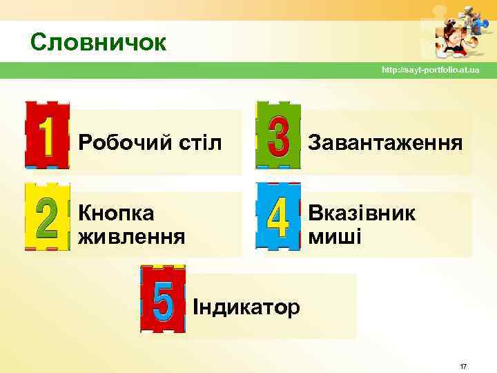 Словничок http: //sayt-portfolio. at. ua Робочий стіл Завантаження Кнопка живлення Вказівник миші Індикатор 17