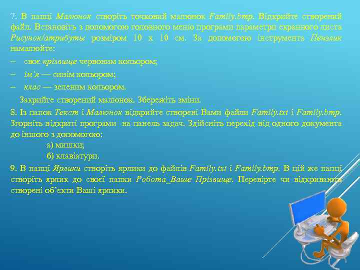 7. В папці Малюнок створіть точковий малюнок Family. bmp. Відкрийте створений файл. Встановіть з