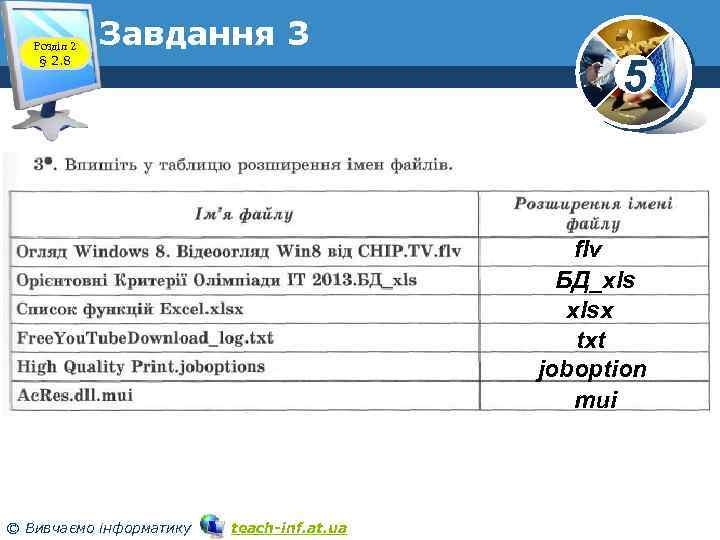 Розділ 2 § 2. 8 Завдання 3 5 flv БД_xls xlsx txt joboption mui
